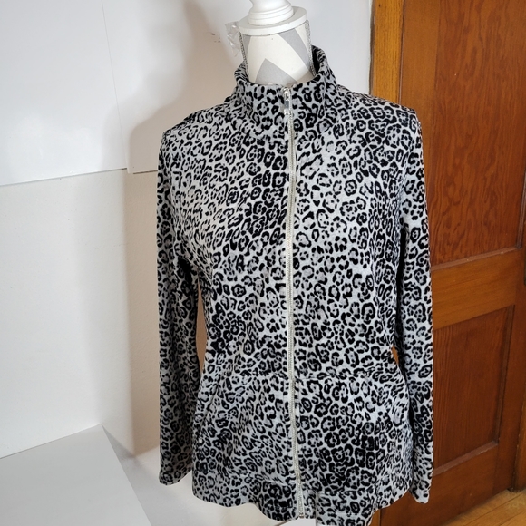 Jones New York Zip front Velour Snow leopard Print lightweight Jacket Size Med - Picture 1 of 9